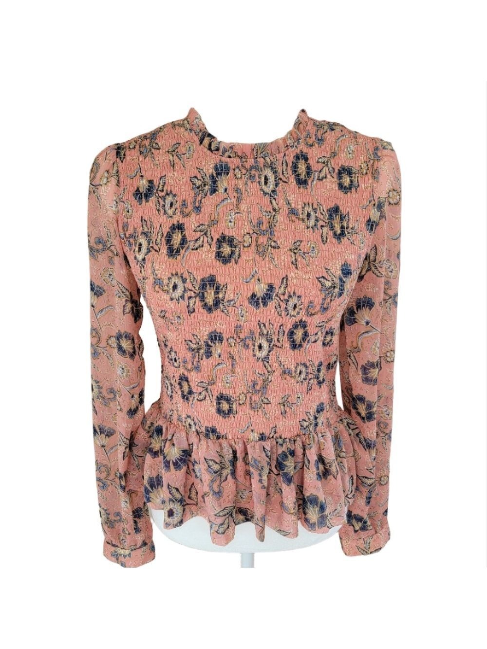 Patrons Of Peace Floral Peplum Shirred Long Sleeve Blouse Size Large EUC